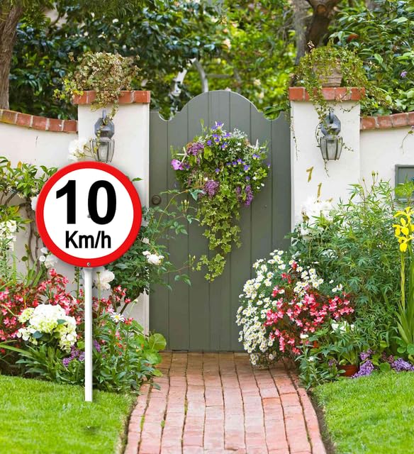 Segnale limite di velocità 10 km con pali in metallo, cartello in alluminio per uso esterno, 23 x 23 cm, resistente alle intemperie
