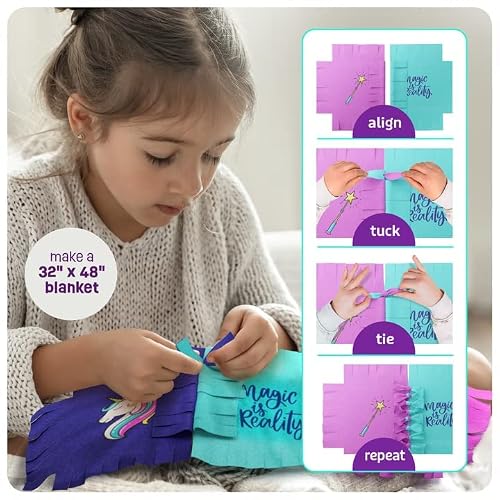 Pretty Me Unicorn Tuck N' Tie Fleece Blanket Kit - DIY Crafts for Girls Ages 6+ Year Old - Best Arts & Craft Girl Gifts Ideas - No Sew Blanket Making Kit - Kids Gift Toys Kits
