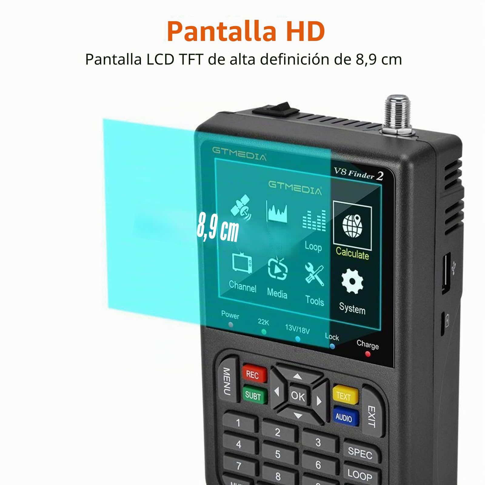 GTMEDIA V8 Finder 2 Localizadores de satélites Digital Sat Finder Meter buscador de satélites medidor de señal de Portátil satélite parabolica DVB-S/S2/S2X H.264 HD 1080P, 3.5" LCD, 7,4 V/4000 mAh