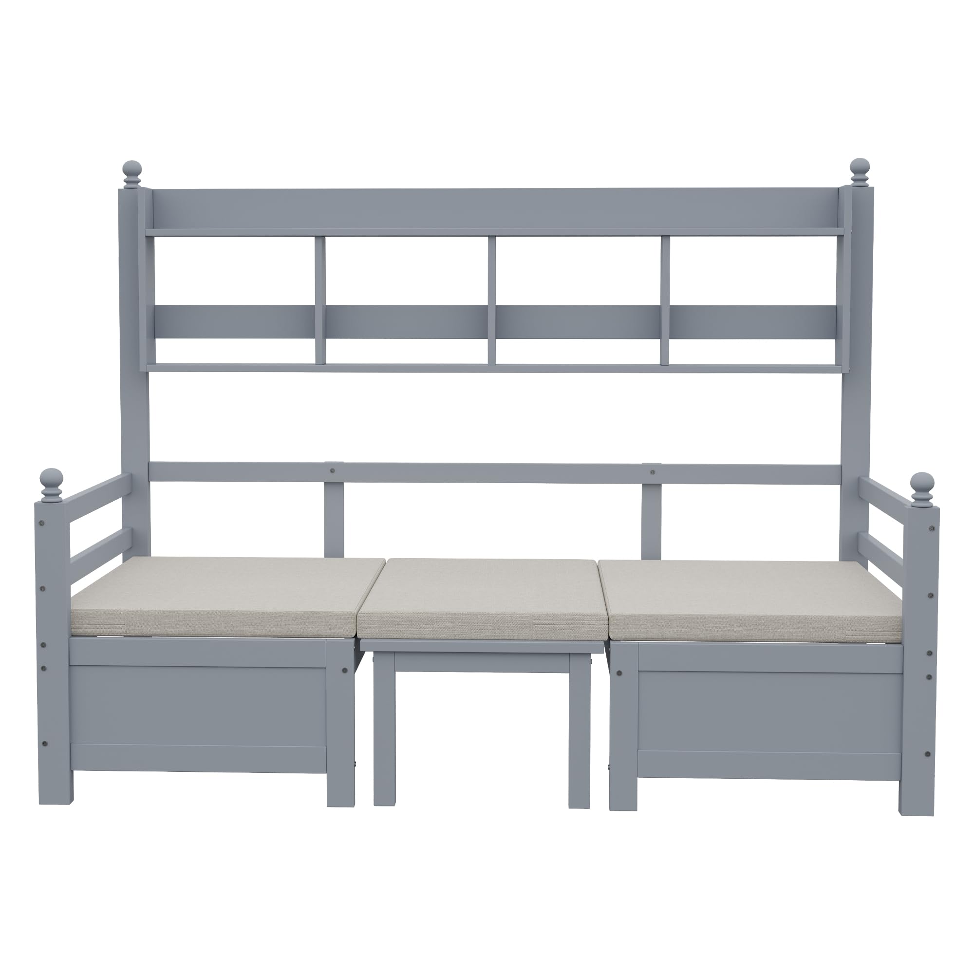Multifunktionales Massivholz Schlafsofa 90x200, 2-in-1 Bett und Schreibtisch, Frei Umbaubar, Mit Bücherregal Zur Aufbewahrung, Mit Bequemen Kissen, Gästebett (Grau)
