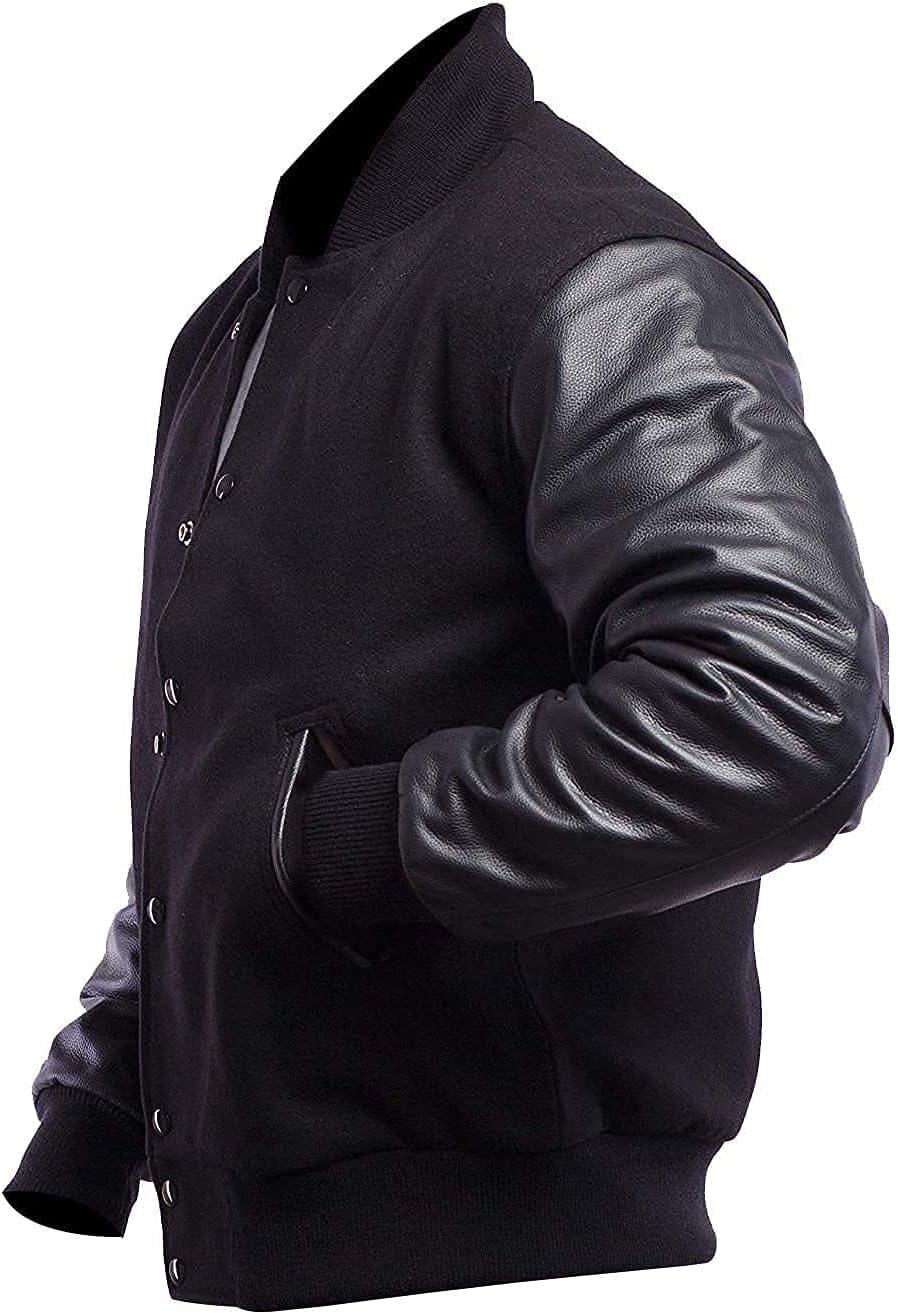 Men's Varsity Jacket Genuine Leather Sleeve Wool Blend Letterman Jacket - High School Baseball Bomber Jackets