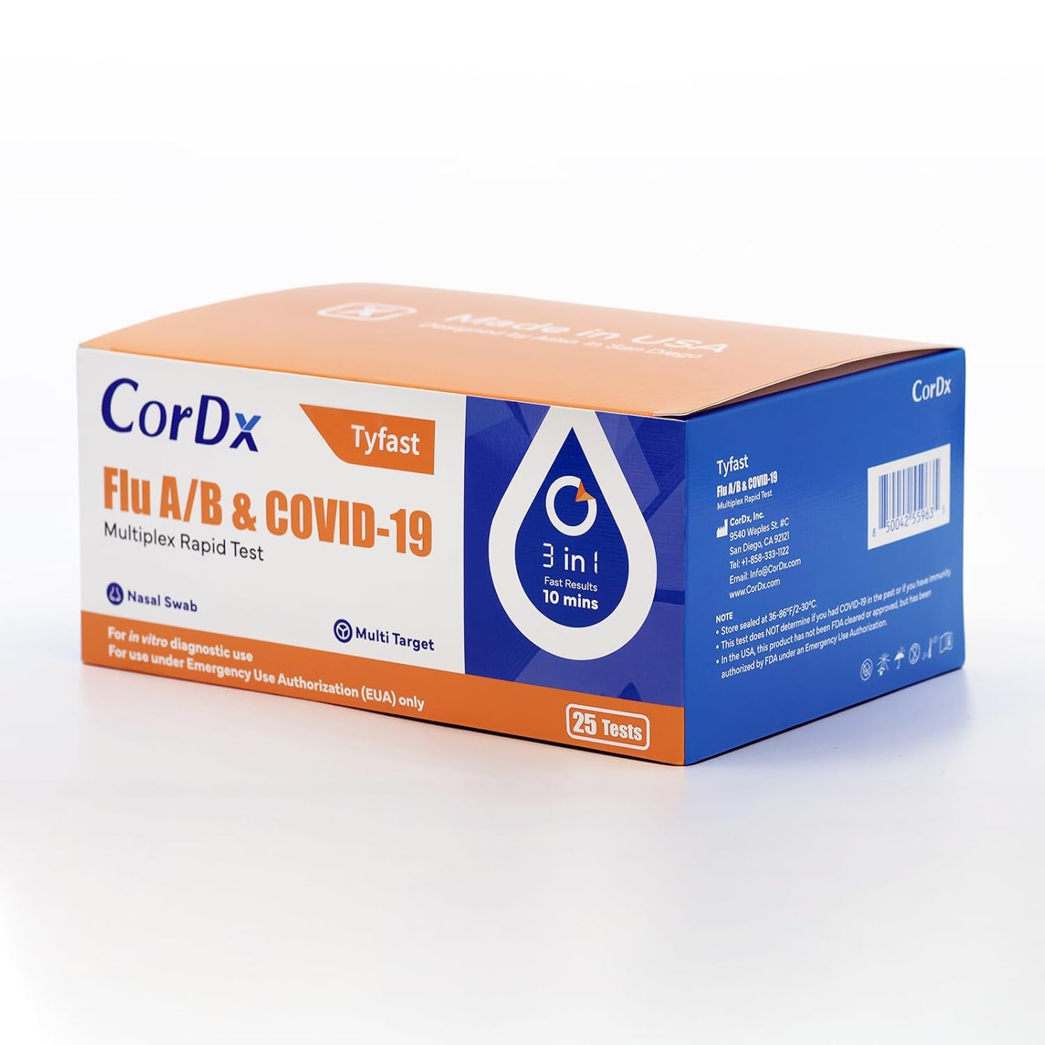 CorDx TyFast at Home Flu A/B & COVID-19 Multiplex Rapid Test Kit, Easy, Accurate, Fast Results in 10 Minutes, 3 in 1 Combo Kit, 25 Tests