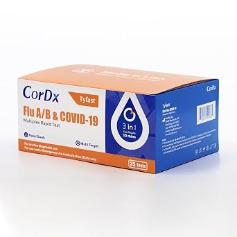 CorDx TyFast at Home Flu A/B & COVID-19 Multiplex Rapid Test Kit, Easy, Accurate, Fast Results in 10 Minutes, 3 in 1 Combo Kit, 25 Tests.