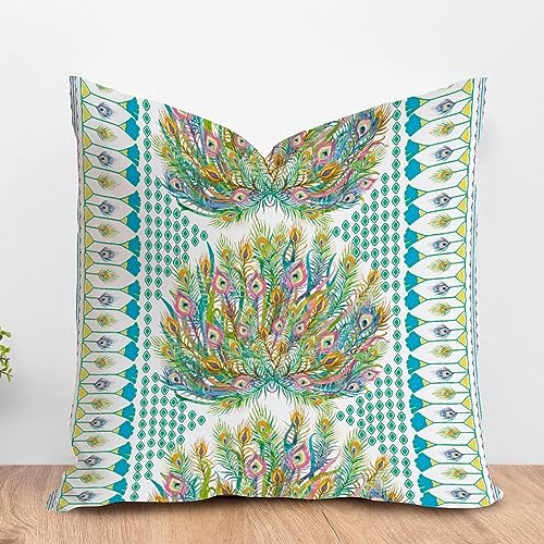 ArogGeld Teal Gold Peacock Green Flower Cushion Covers Geometry Peacock Feather Throw Pillow Cover Oriental Toile Chinoiserie Double Side Pillowcase for Living Room 26x26in White Linen