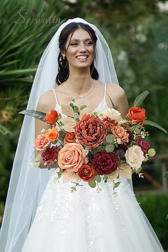 Miniatura 3 de Serwalin Flores artificiales naranja burdeos, flores de otoño, flores falsas de boda, flores de torta para ramos de boda, centros de mesa de