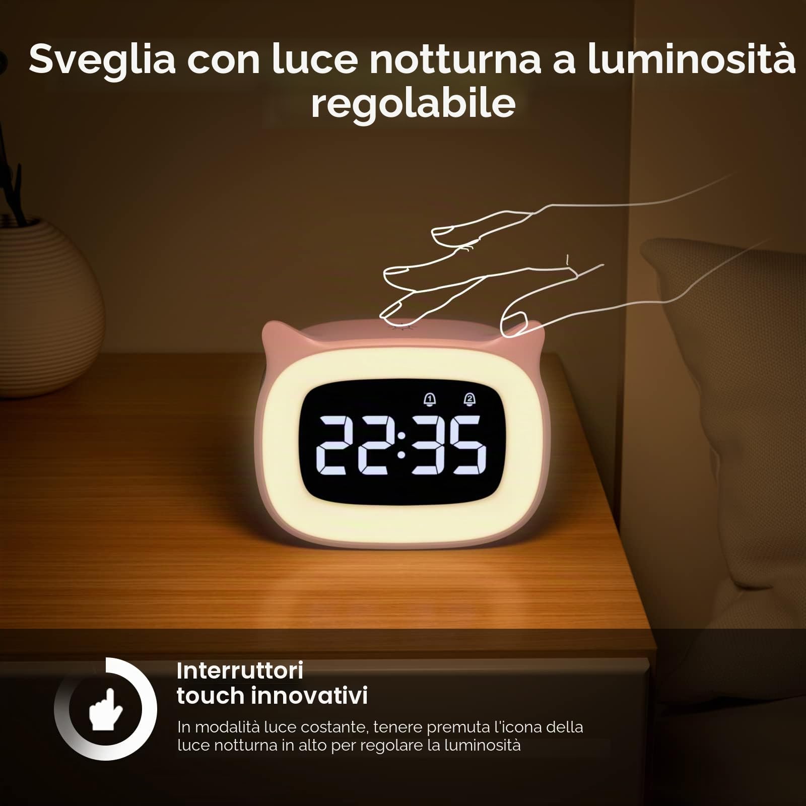 mizikuu Sveglia Bambini da Comodino, Sveglia Digitale con Led Numeri Grandi, 0-100% Dimmer, 18 suonerie, 2 Allarmi, 12/24H, Snooze, Porta di Ricarica USB