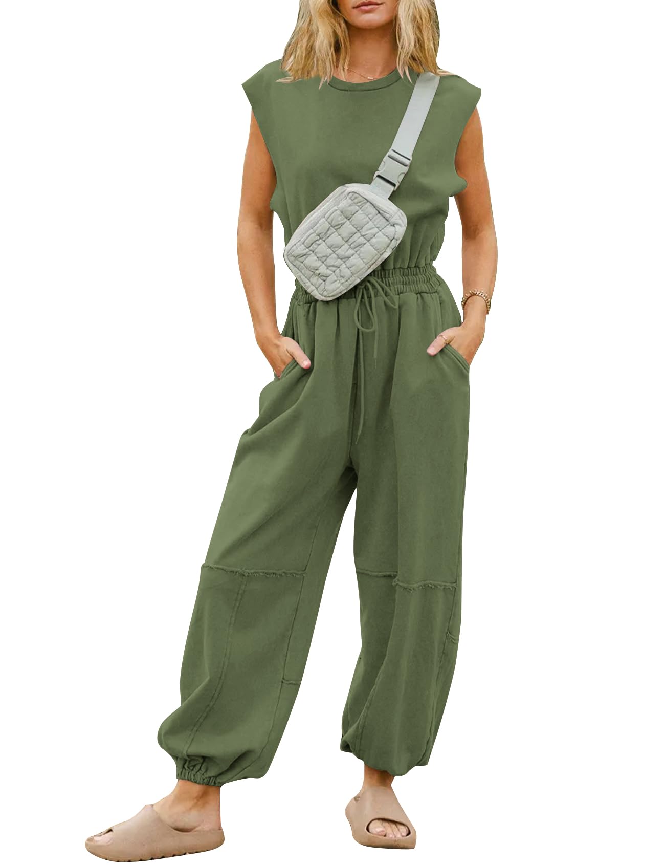 flygo Womens Casual Jumpsuit Crewneck Cap Sleeve Long Wide Leg Pants One Piece Outfits Drawstring Romper with Pockets-picture-49
