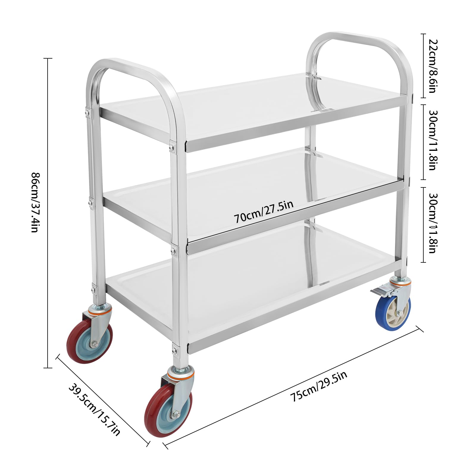 OUKANING Carro de cocina de acero inoxidable con 3 estantes, carro de servicio de alta capacidad de carga y ruedas silenciosas, isla de cocina móvil y estante de cocina para microondas, cocina