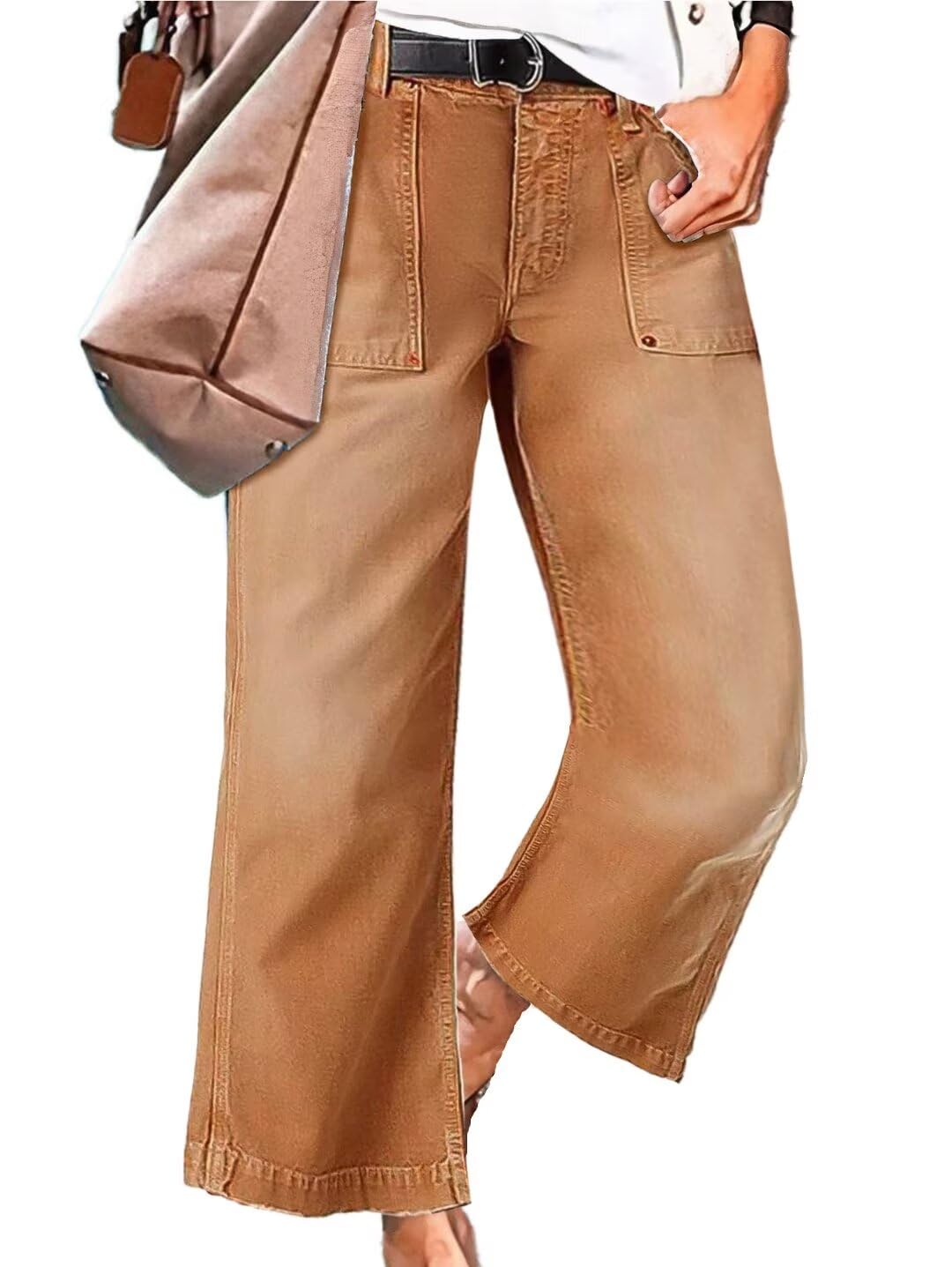 Flamingals Straight Wide Leg Jeans for Women Mid Waisted Casual Raw Hem Denim Capris Pants with Pockets