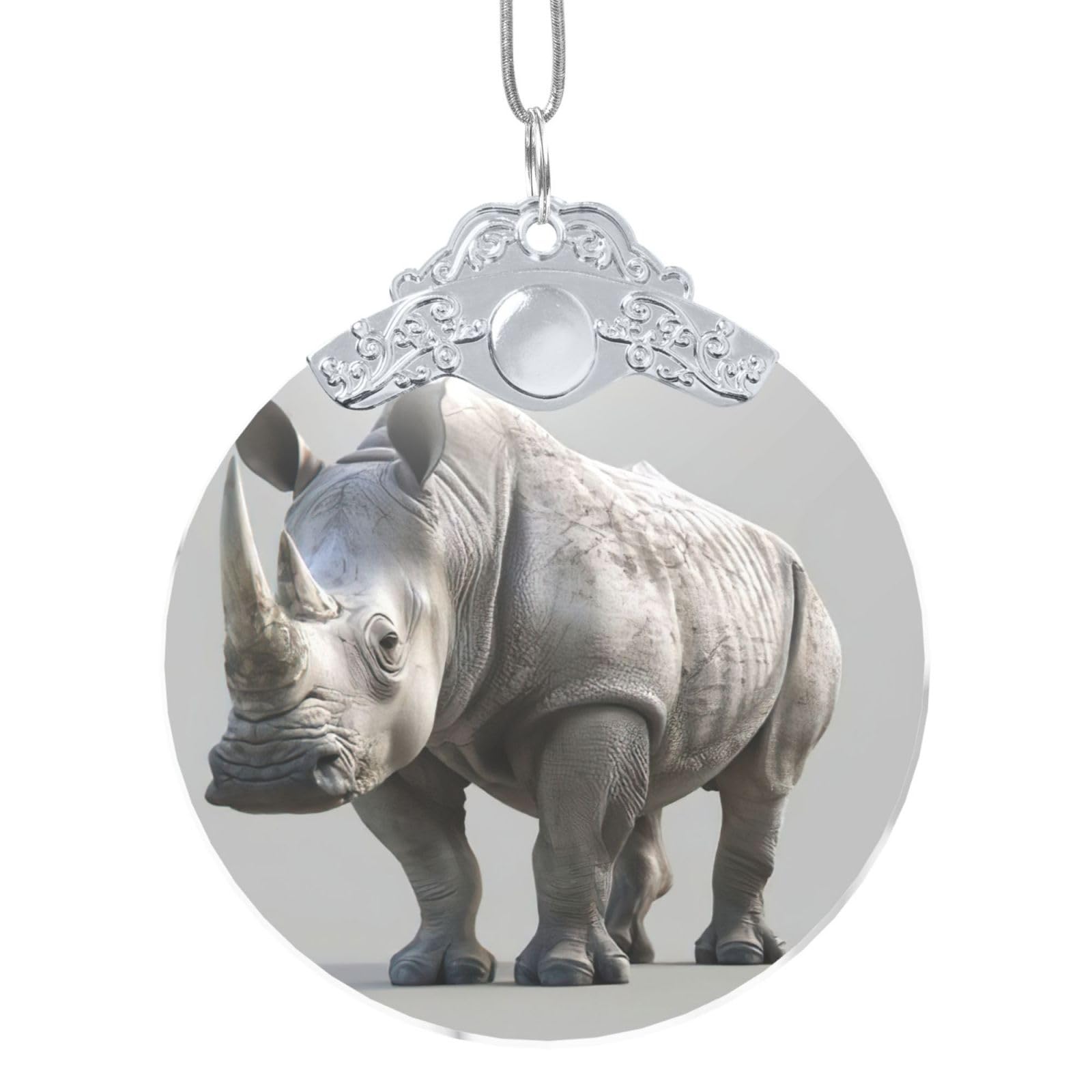 Jejea Silver Animal Rhino Print Christmas Hanging Ornament, Glass Round Pendant For Xmas Tree Festive Holiday Home Decor