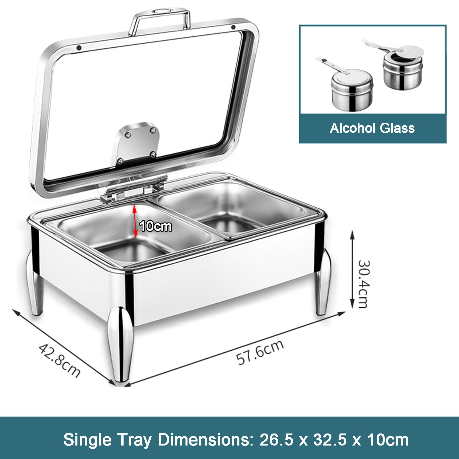 Scaldavivande in acciaio inox per buffet, catering, scaldavivande con coperchi, vassoio espositore per condimenti a 2 griglie, per feste, eventi e forniture per catering (10 cm)