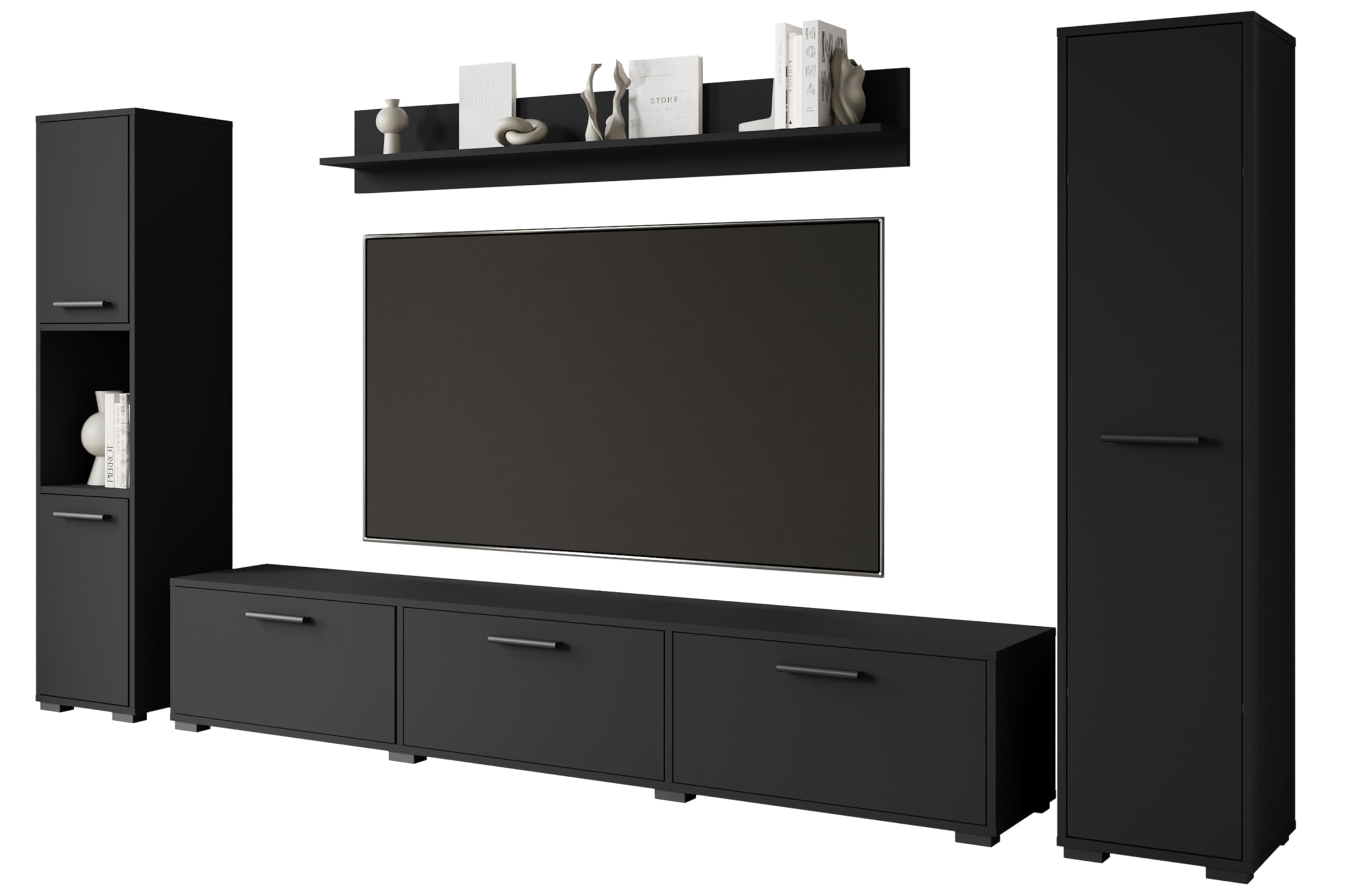 MINIO go for it - Wohnwand Wohnzimmer 4-teilig Toga, Wohnzimmer Möbel Set, 1x TV Lowboard, 2X Hochschrank, 1x Wandboard, Wohnzimmermöbel Komplett, Wohnzimmer Set - Farbe Schwarz Graphit Matte