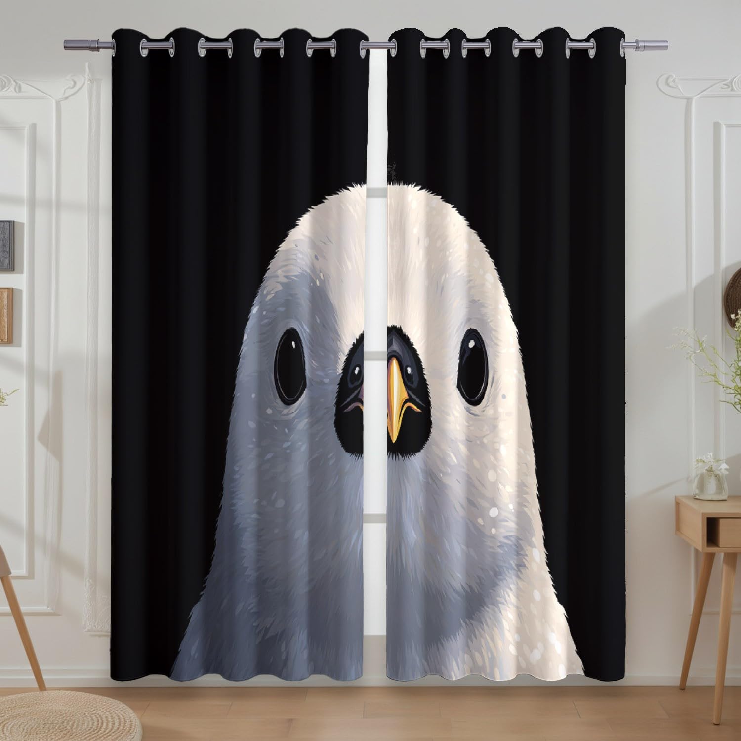 Zwierzę uroczy pingwin ptaki zasłony do kina domowego - oryginalny design zasłony panelowe poliestrowe, białe, szer. 66 x dł. 72 (2 panele) 167 x 182 cm