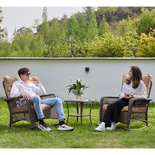 Vonzoy 3-Piece Outdoor Rocking Chairs, Wicker Patio Furniture With Thickened Cushions And Table For Porch (Khaki) #TOP1