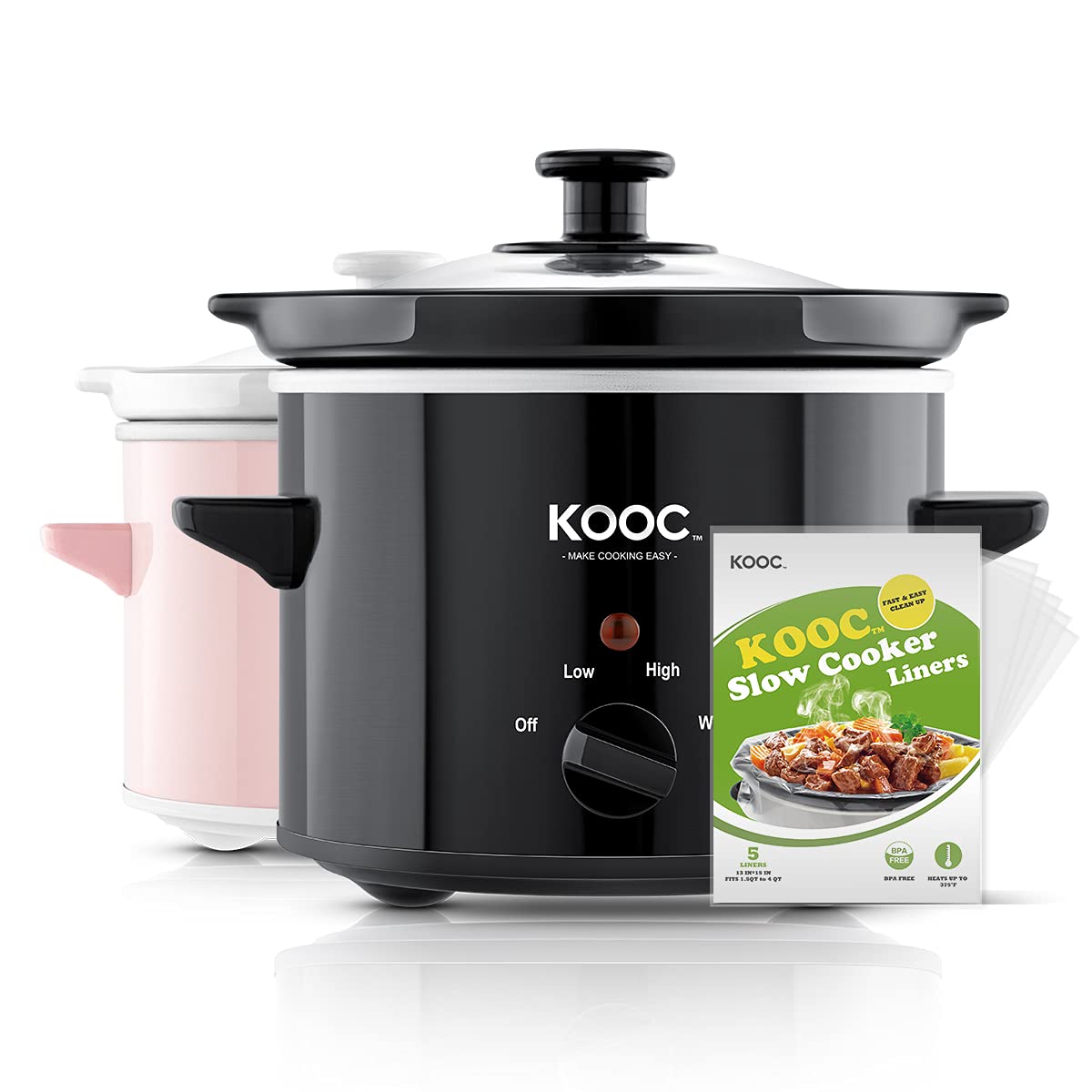 [NEW] KOOC Small Slow Cooker, 2-Quart, Free Liners Included for Easy Clean-up, Upgraded Ceramic Pot, Adjustable Temp, Nutrient Loss Reduction, Stainless Steel, Black, Round…