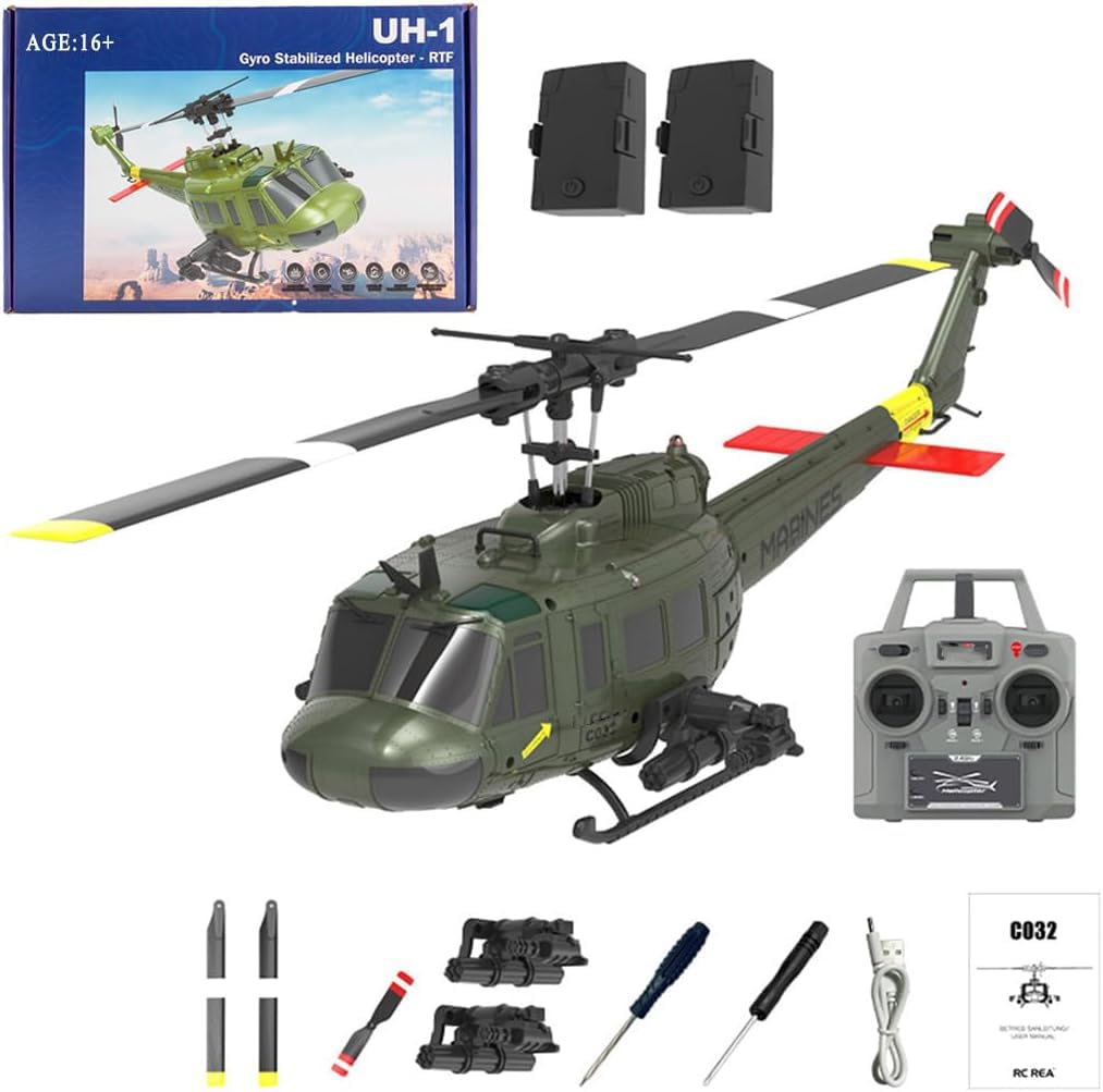 WDDSPSH RC Helicopter C032 UH-1 Huey No Ailerons 6CH 6-Axis Gyroscope Altitude Hovering Optical Flow Localization One-Key Inverted Flight for Adults Beginners (Style 1)