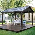 U-MAX 14' x 12' Hardtop Gazebo, Wooden Gazebo on Clearance, Outdoor Wood Pergola with Thermal Insulated Polycarbonate Pyramid Hip Roof for Backyard Deck Garden Patio, Dark Brown Roof