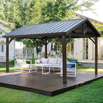 U-MAX 14' x 12' Hardtop Gazebo, Wooden Gazebo on Clearance, Outdoor Wood Pergola with Thermal Insulated Polycarbonate Pyramid Hip Roof for Backyard Deck Garden Patio, Dark Brown Roof