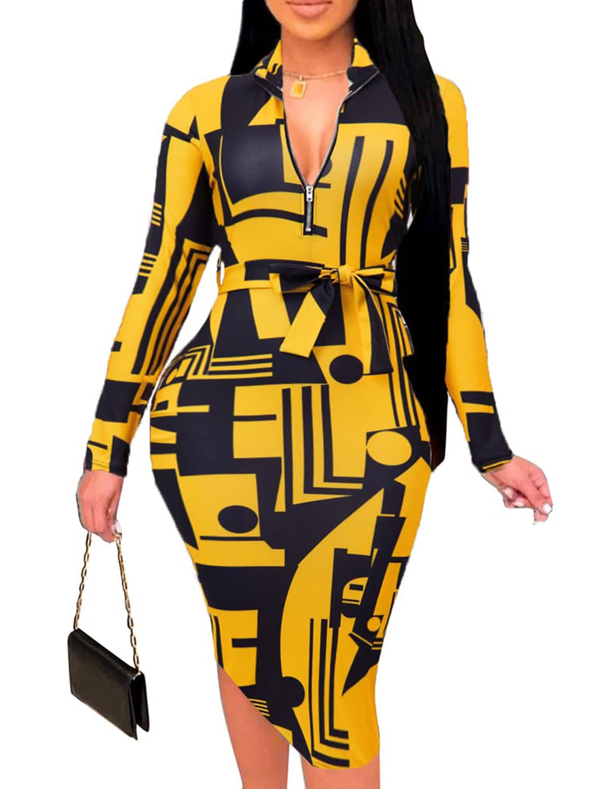 ECHOINE Women Sexy Floral Print V Neck Long Sleeve Front Zipper Stretchy Pencil Midi Bodycon Dress Office Work