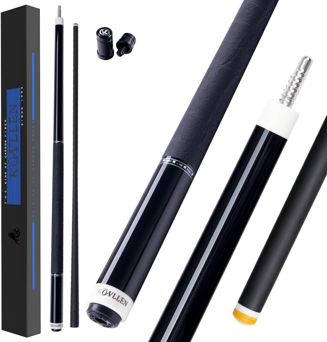 KONLLEN 2.0 Carbon Fiber Pool Cue – Low Deflection Pro Taper Shaft, 58", 12.5mm / 11.8mm, Radial Pin Joint, Real Ebony Inlay