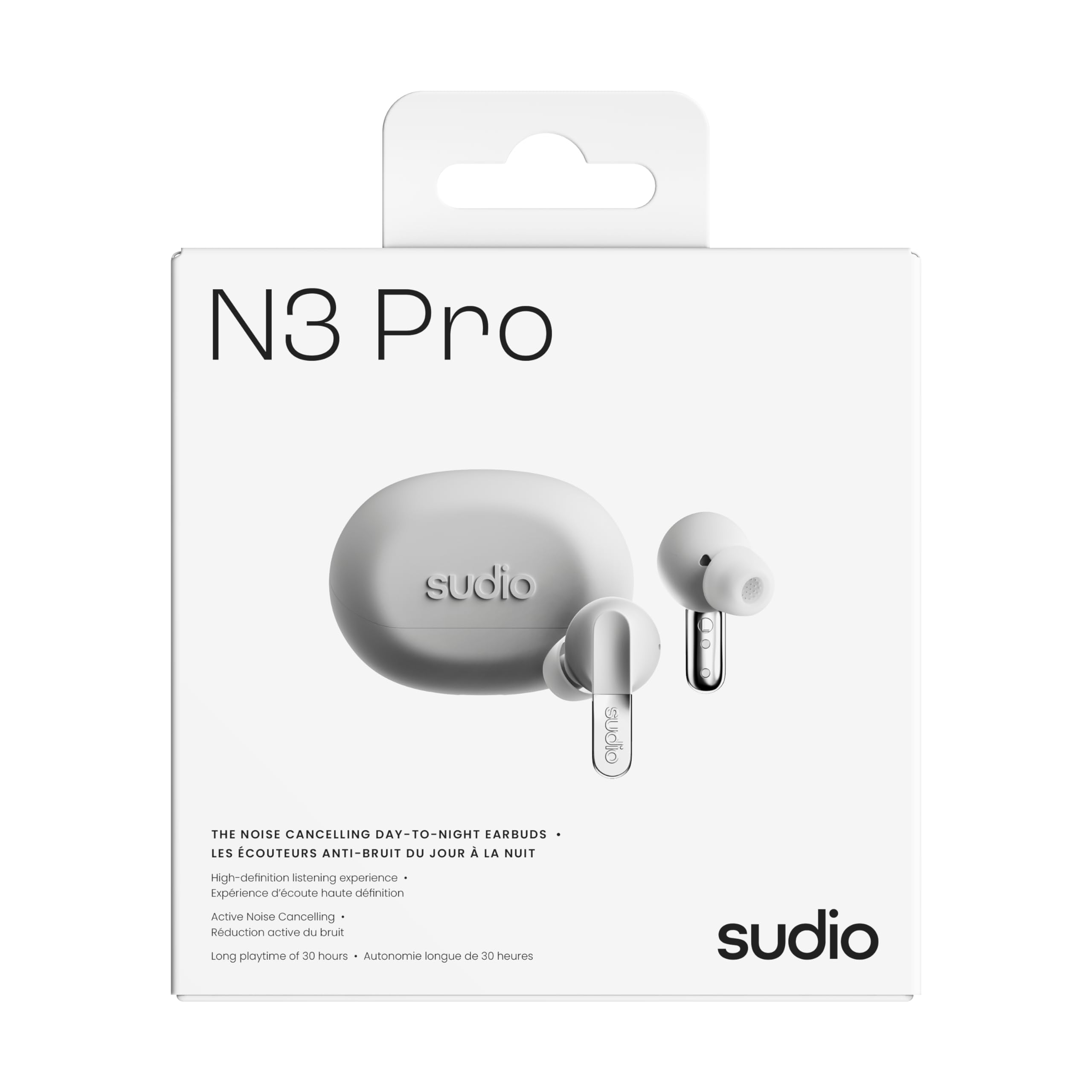 Sudio N3Pro Snow White - Auriculares de día a Noche con cancelación de Ruido. Cancelación Activa de Ruido (35dB), duración de reproducción de 5,5 Horas, IPX4, micrófonos para Grabar Llamadas