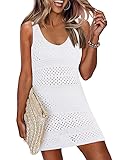Dokotoo Swim Cover Up for Women 2024 Summer Sexy Cute Crewneck Sleeveless Hollow Out Crochet Knit Split Hem Tunic Swimsuit Coverup Bikini Beach Vacation Dresses White Medium