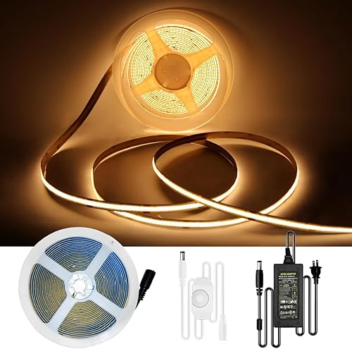 COB - Tira LED regulable de 16.4 pies, luz blanca cálida regulable de 3000 K, blanco cálido brillante, CC 24 V, 1600 LED, CRI90, luces LED flexibles