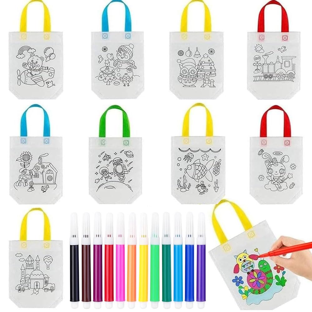 Goodern 20 PCS Kids Non-Woven DIY Graffiti Bag,Children's Party Fabric Tote Painting Bags with 12 Colour Pens Reusable Eco Crafts Tote Bag Self Paint Color Filling Cartoon Bags for Daily Picnic School