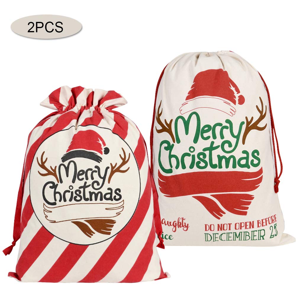 IvyH Merry Christmas Canvas Gift Bag Letter Candy Organize Sack Drawstring Xmas Decor Theme Party Pouch Christmas Storage Bags 2PCS