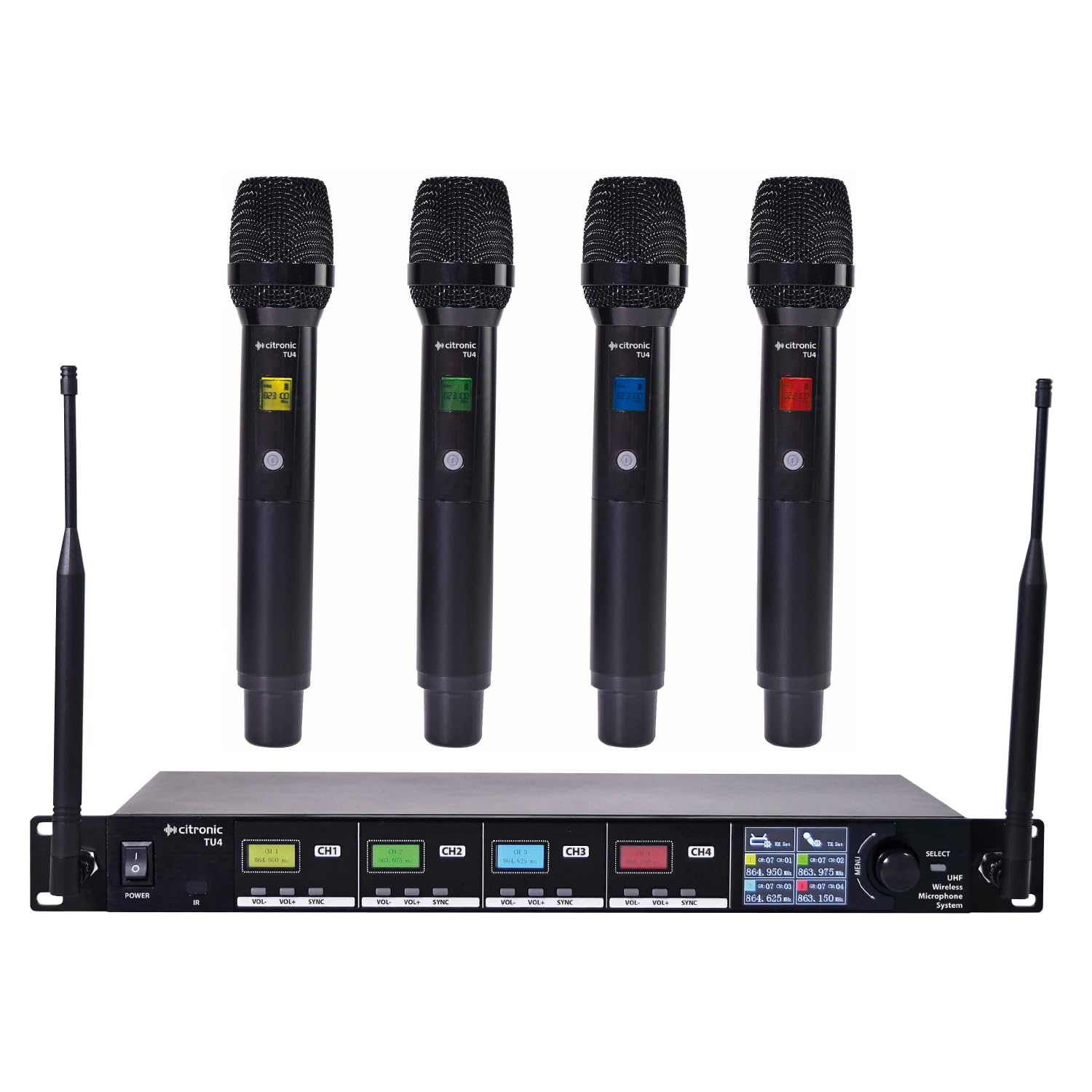 Citronic Sistema de micrófono inalámbrico cuádruple con frecuencias sin licencia UHF sintonizables, escenario, teatro, rendimiento | 4 micrófonos de mano inalámbricos UHF, ecualizador independiente de