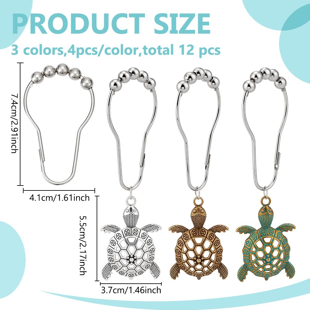 Elerslodia Sea Turtle Shower Curtain Hooks - 12 Piece Set, Green & Silver, Stainless Steel, Rustproof