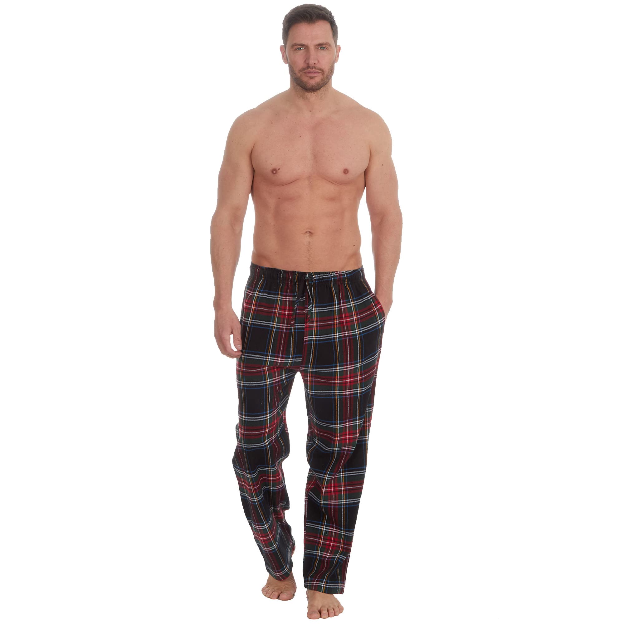 Metzuyan Mens Flannel Lounge Pants Checked 100% Cotton Long Pyjama Bottoms Black-Red XL