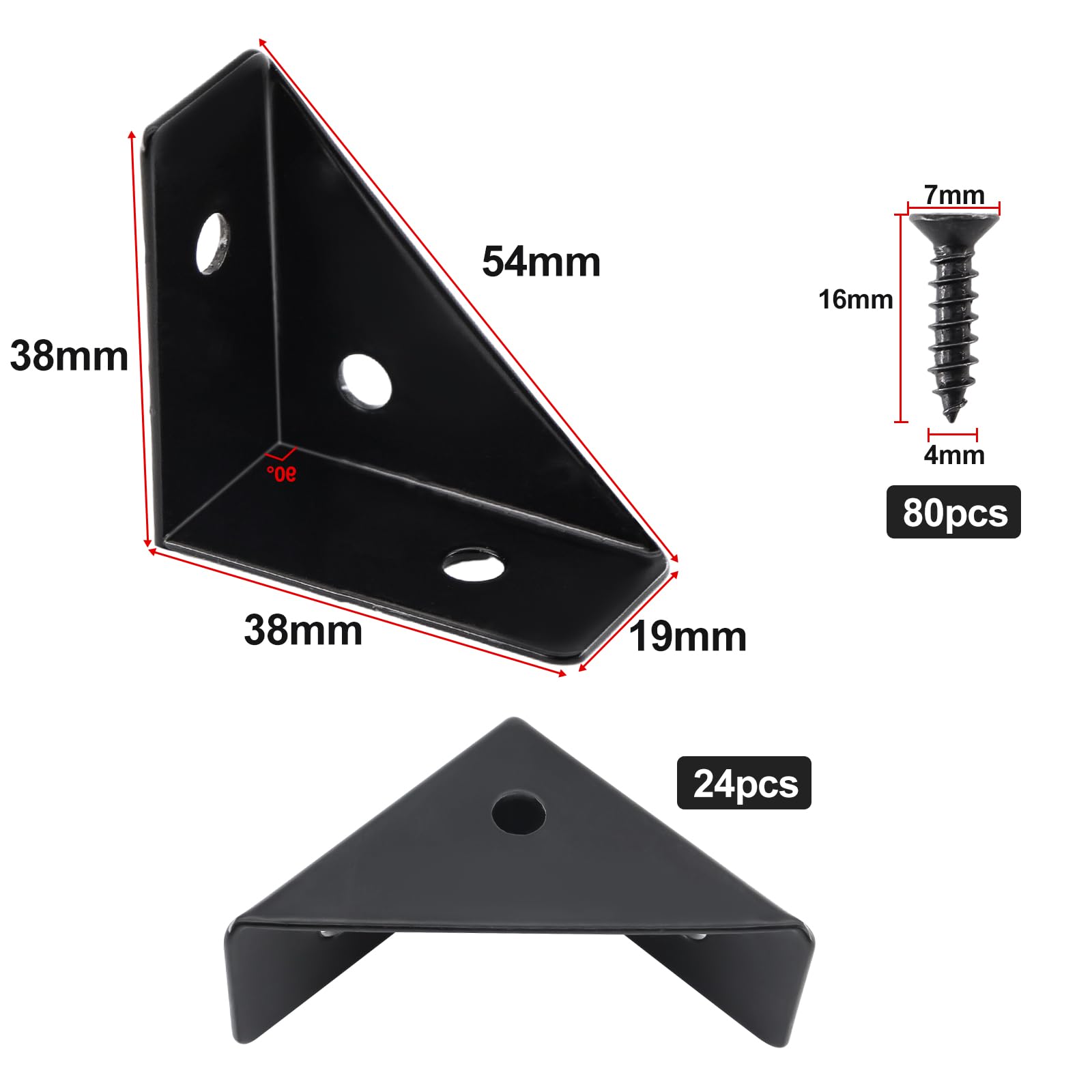 Lot de 6 équerres d'angle en métal, 38 mm x 38 mm, équerres d'angle triangulaires pour bord de bureau et lit (noir
