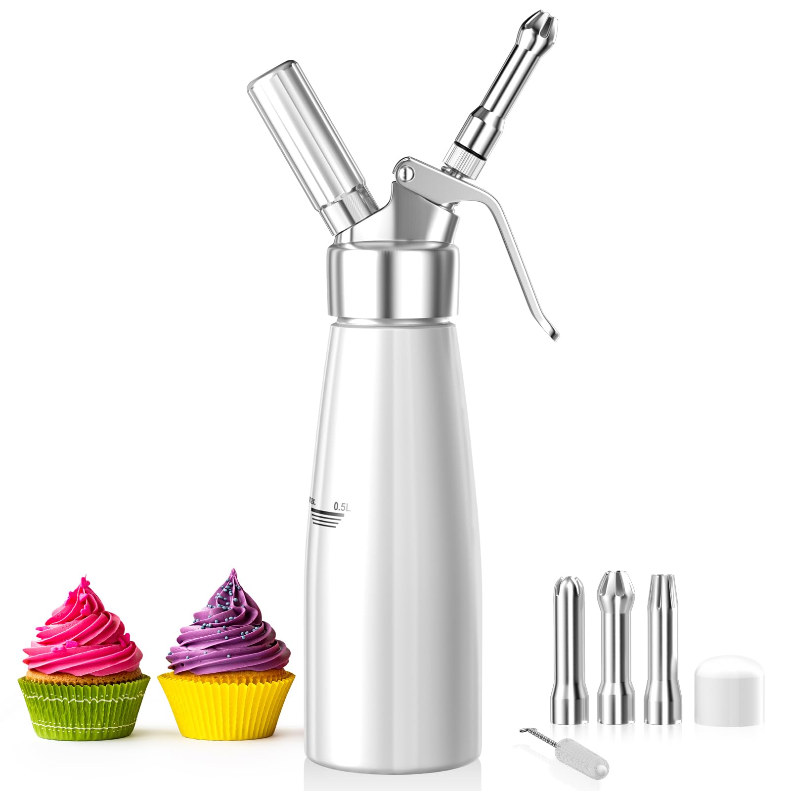 Newaner 500ml Sifone Panna Montata, sifon da Casa e Cucina Alluminio con 3 Ugelli in Acciaio Inox e 1 Spazzola da Pulizza, per Decorazione Torte di Compleanno Pasticceria Panna Gelato e Dessert