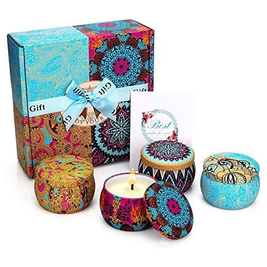 Scented Candles Gift Set, Soy Wax 4.4 Oz Portable Travel Tin Candles Women Gift with Strongly Fragrance Essential Oils for Stress Relief Aromatherapy Bath Home Decor 4 Pack