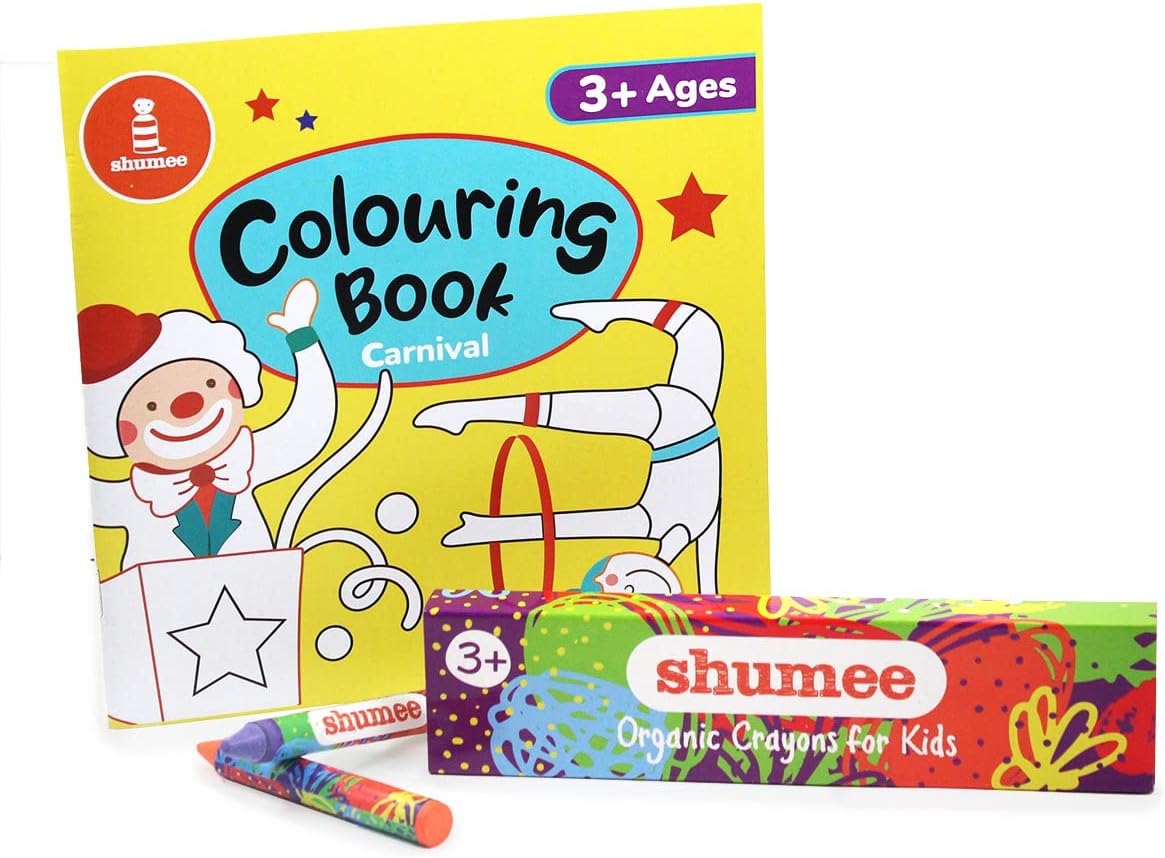 Shumee Carnival Coloring book and Organic Crayon Kit (3-6 years) | Coloring Kits | 20+ Pages Book & 6 Organic Colors | Preschoolers Travel-Friendly Gift For Kids