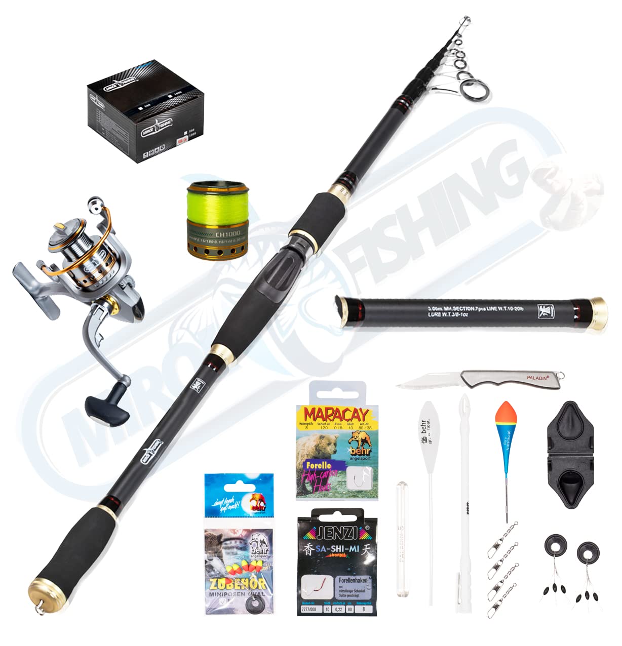 Tackle Master Allround Fishingset Angelset Angelcombo Teleskoprute 3m Angelrolle mit Schnur Zubehörset im Sortierkasten