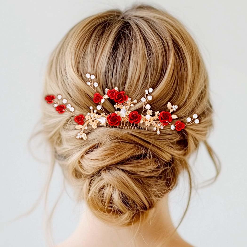 Foyte Crystal Flower Wedding Hair Comb Red Rose Headpiece Gold Hair Piece Bride Pearl Hair Accessories for Women