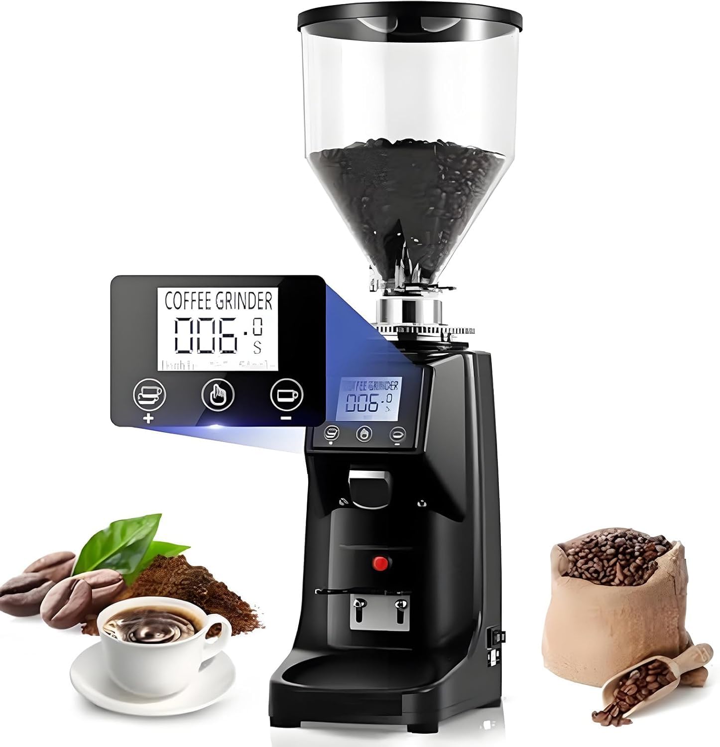 Molinillo de café eléctrico Comercial con 19 ajustes Regulables: molienda con muelas Planas, Control táctil y Pantalla Digital para Espresso y Uso doméstico. (Black)
