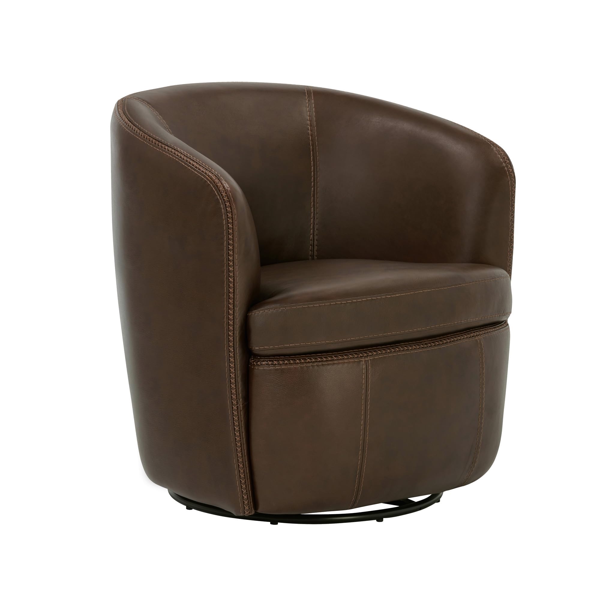 Pemberly Row Vintage Brown Italian Leather Swivel Club Chair, 32.5" W x 29" D x 32" H, Top-Grain Leather Upholstery, 360-Degree Swivel Base, Foam