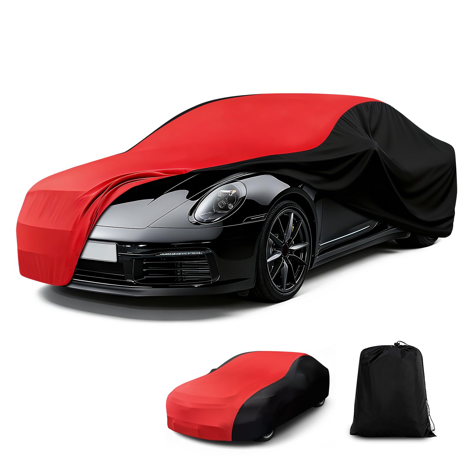 Telo Copriauto Elastico per Interni, Telo Copriauto da Interno Universale Adatto a Berline, Auto Sportiva, SUV, Traspirante e Antipolvere, Morbido al Tatto, Aderente, Nero e Rosso, L