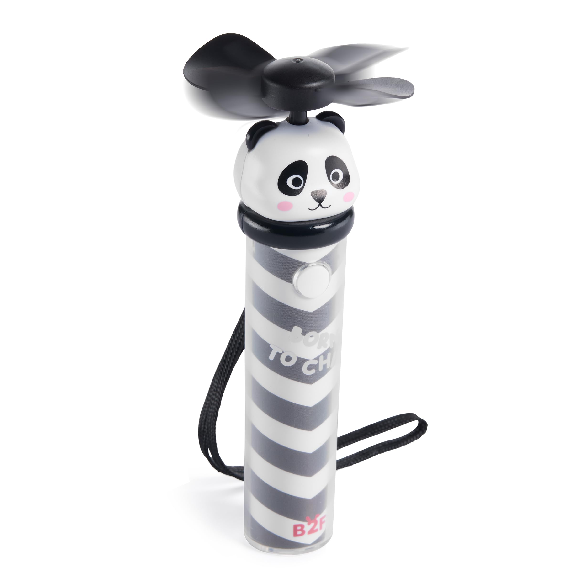 Back2Fun - Mini Ventilador Portátil de Mano con 3 Velocidades, Batería Recargable USB-C con hasta 2 Horas de Autonomía, Aspas Seguras y Asa de Tela para Colgar, Tamaño Ø22x130 mm, Diseño Panda