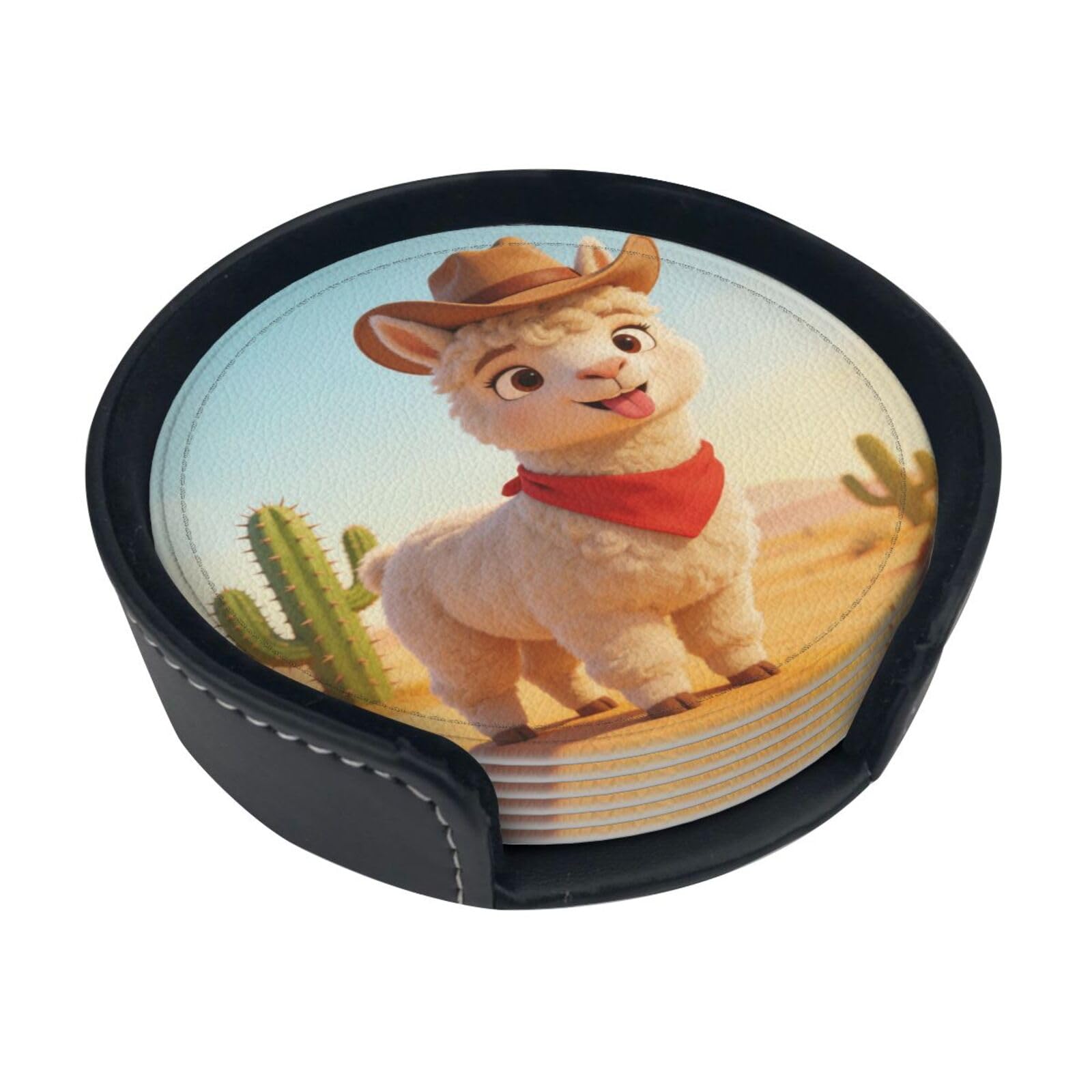 Alpaca Cowboy Leather Coasters-Set of 6 with Storage Holder