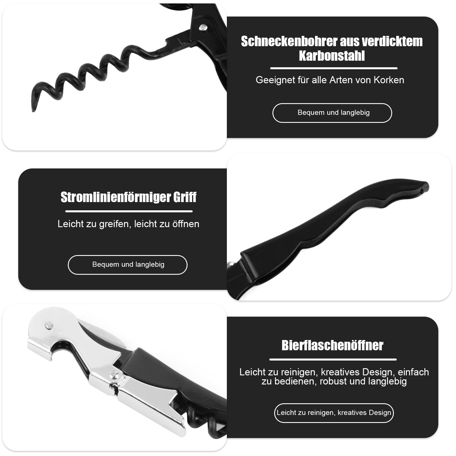 4 cuchillos de camarero, abridor de botellas 3 en 1, sacacorchos de acero inoxidable, abridor de vino para sommeliers, camareros y barman, abridor de cerveza y cortador de papel de aluminio