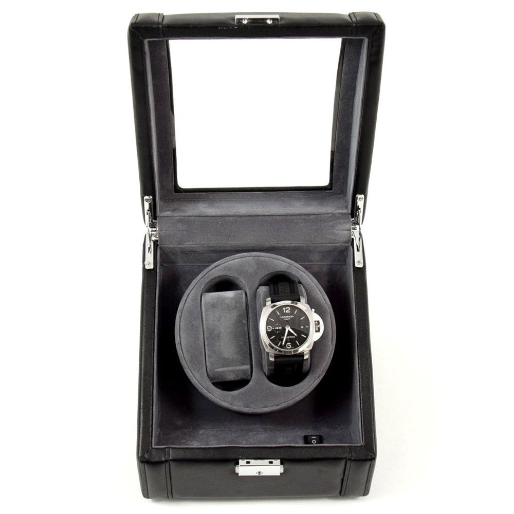 Bey-Berk BB585BLK Black Leather Winder with Glass Top and Locking Clasp. Includes 2 Watch Pillows for Large and Small Wrist Sizes, 7.5x6.5x7.5