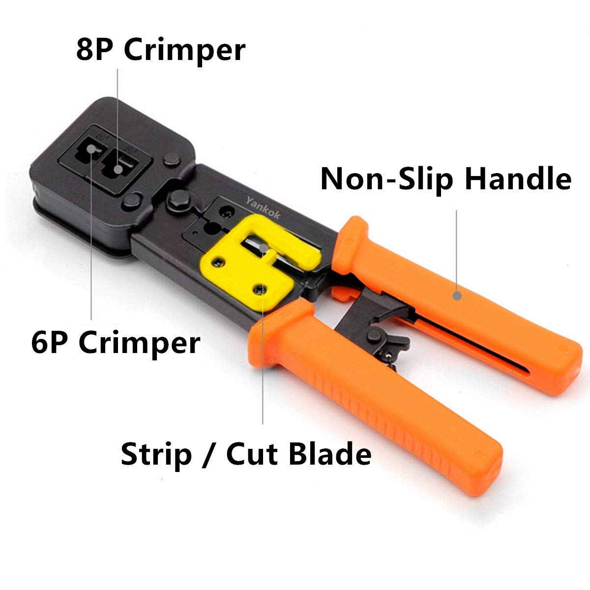 Yankok [Zaciskarka przelotowa] z zestawem ostrzy do 4P6P8P CAT5e CAT6 RJ11 RJ12 RJ45 STP/UTP okrągły płaski kabel Ethernet modułowe narzędzie do zaciskania YKCR011 pomarańczowy