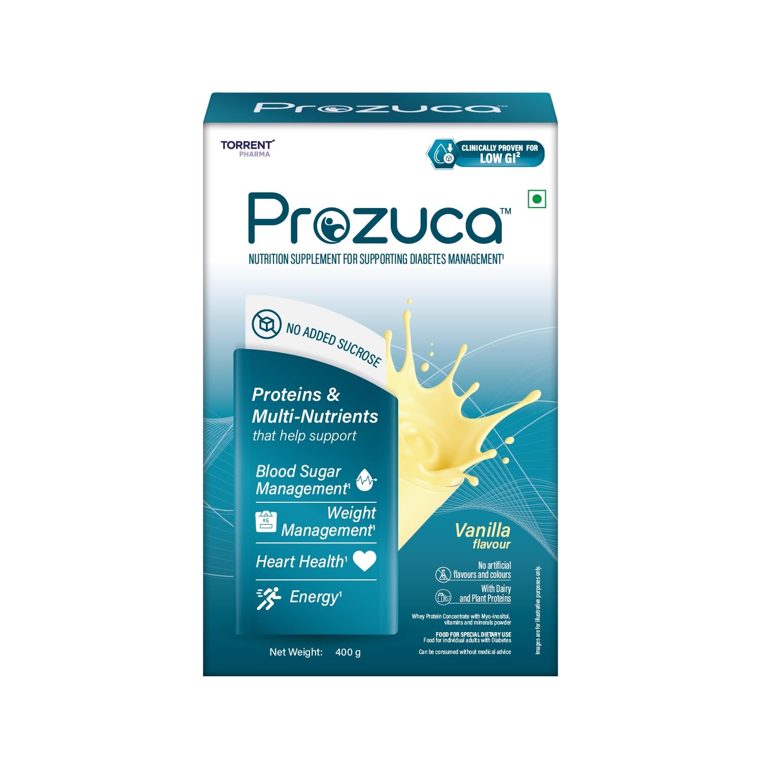 Prozuca Prozuca Nutrition Supplement for supporting Diabetes Management (Vanilla 400g) | Clinically Proven for Low GI | Weight & Gut Health Management | No Artificial Flavours and Colours – By Torrent Pharma