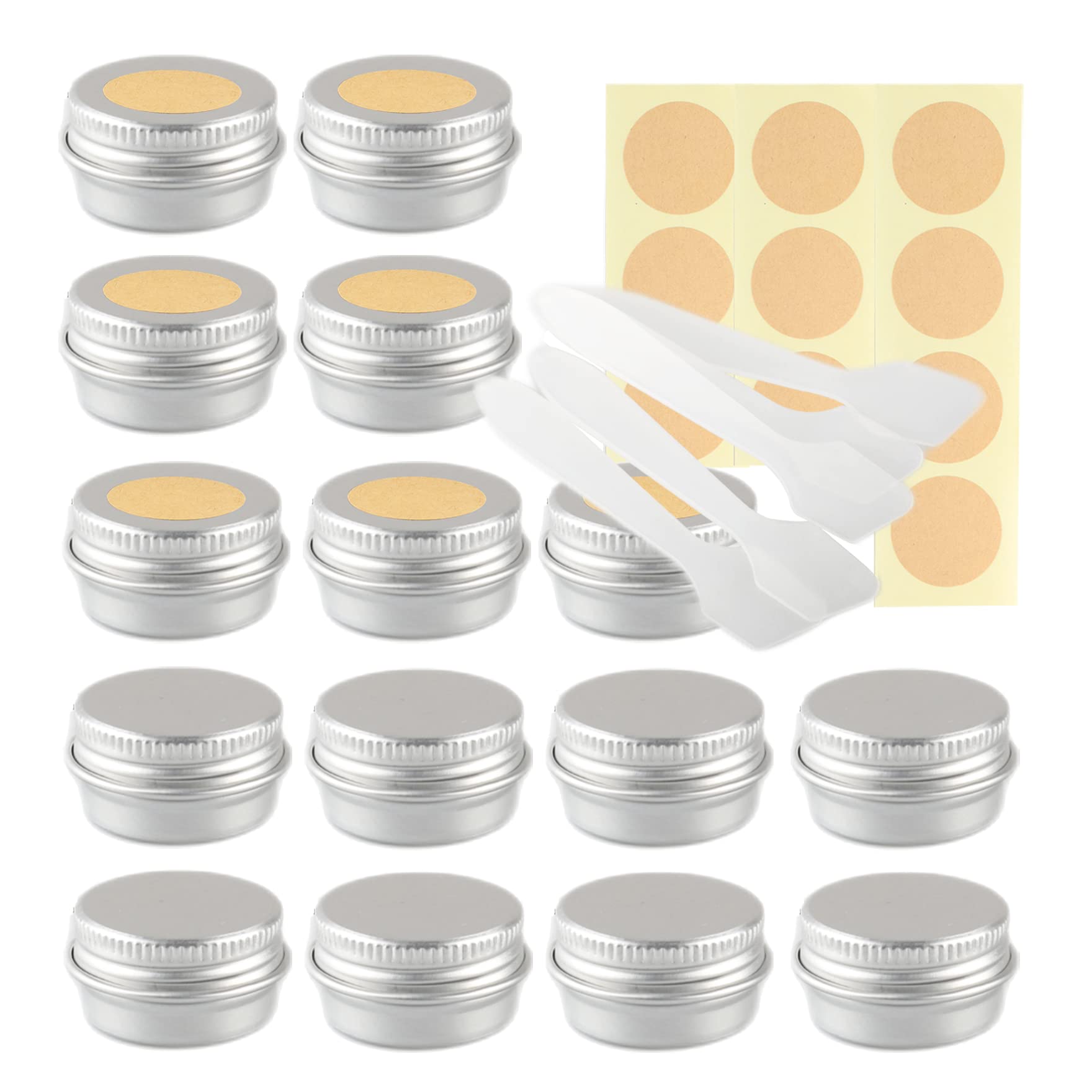 LusDoly Pack of 50 Empty 5ml Silver Aluminium Tins with Lids - Ø26x15mm Aluminum Screw Pots Travel Round Cosmetic Cream Jars Container for Candle Lip Balm, Salve, with Labels & Spatulas