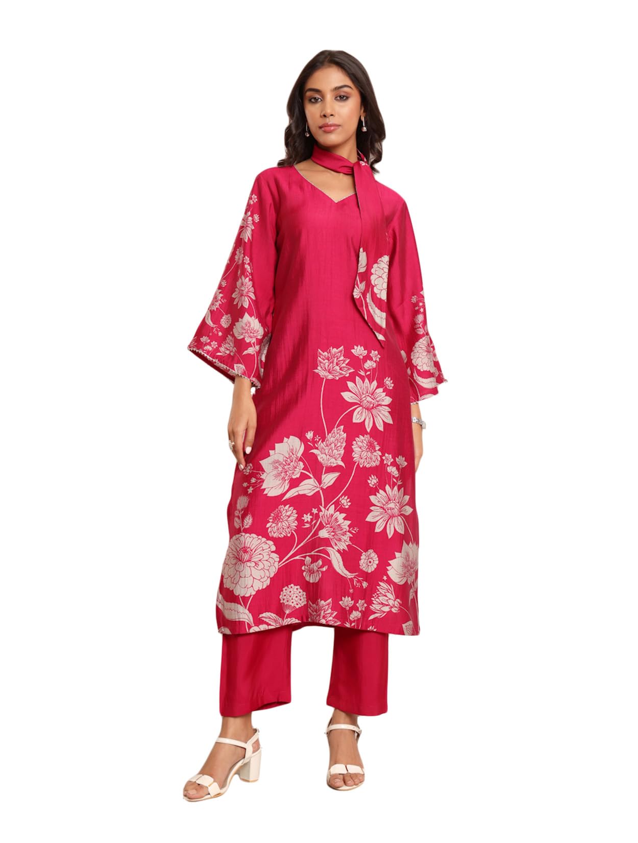 Varanga Women Fuchsia Pink Floral Printed Gota Detail Flared Sleeve Kurta With Solid Trouser  Stylish Ethnic Set
