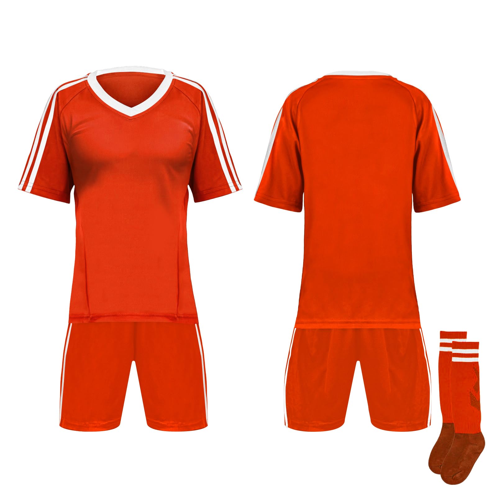 TopTie Soccer Jersey, Shoulder Striped Soccer Shirts, with Jersey, Shorts and Socks-Orange-L